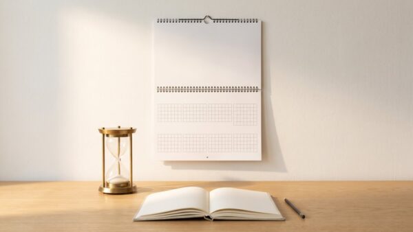 tage im jahr kalenderjahr Wie viele Tage hat ein Jahr - leerer Wandkalender mit Sanduhr auf hellem Holztisch