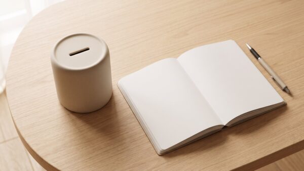 tagesgeld ing bild 2 Schlichte Spardose ohne Aufdruck neben leerem Notizblock und Stift