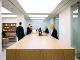 Heller Innenraum einer Bankfiliale mit schlichtem Tresen