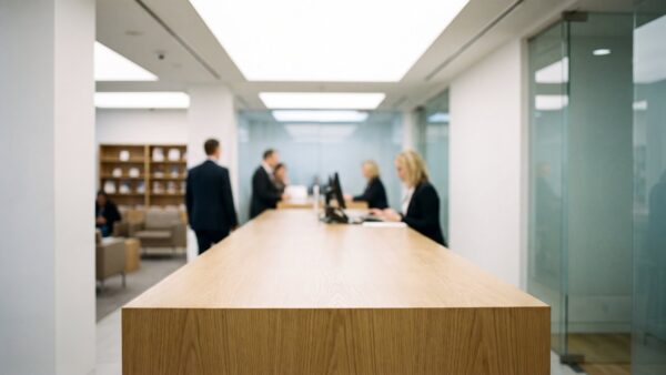 Heller Innenraum einer Bankfiliale mit schlichtem Tresen