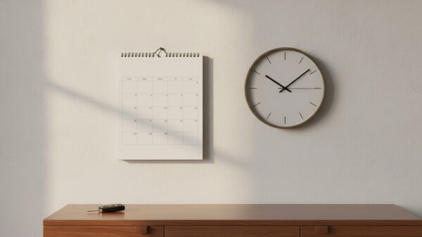 tankrabatt 2026 bild 3 Leerer Wandkalender und Wanduhr kurz vor Mittag über einem Autoschlüssel