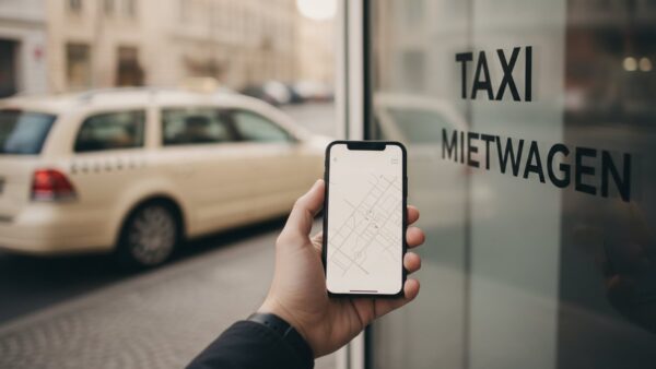 taxikosten app vergleich Fahrdienst-App auf dem Smartphone neben wartendem Taxi in der Innenstadt