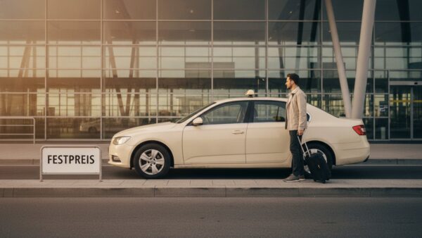 taxikosten flughafen festpreis Taxi mit Festpreis-Hinweis vor einem Flughafenterminal