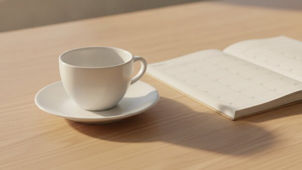 tchibo card bild 3 Weisse Kaffeetasse neben einem leeren Tischkalender auf Holz