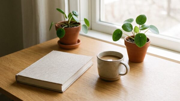 Aufgeräumter Schreibtisch mit Notebook, Kaffee und Pflanze