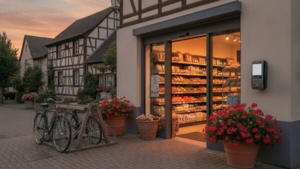 tegut edeka bild 2 Kleiner Dorfladen mit geschlossener GlastĂŒr und Kartenleser am Abend
