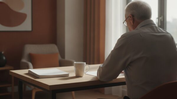 teilrente 2027 bild 3 Ălterer Mann von hinten am Schreibtisch vor einem Stapel unbeschriebener BlĂ€tter