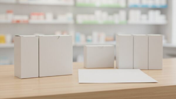 teilrente 2027 bild 4 Leere unbedruckte Pappschachteln auf einer hellen Apothekentheke aus Holz