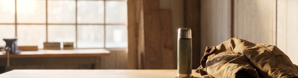 Aufgeräumte Werkbank mit Arbeitsjacke, Lesebrille und Thermoskanne im Morgenlicht