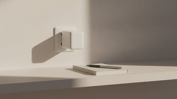 telefonanschluss umstellung bild 2 Kleines weißes Gerät in einer Wandsteckdose neben einem geschlossenen Notizblock