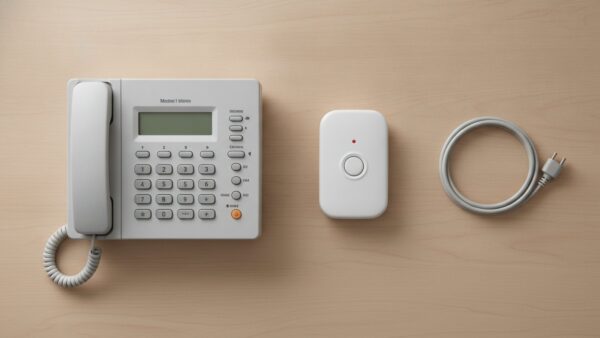 telefonanschluss umstellung bild 3 Unbeschriftetes Faxgerät, kleines Notrufgerät und aufgerolltes Kabel auf einem Holztisch