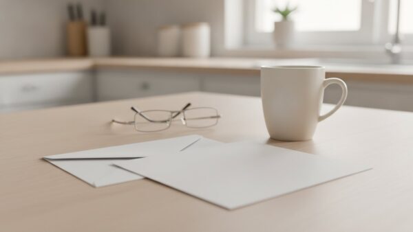 telefonanschluss umstellung bild 4 Geöffneter Briefumschlag mit leerem Briefbogen, Lesebrille und Tasse auf einem Küchentisch