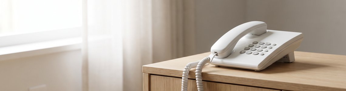 Weißes Tischtelefon mit Spiralkabel auf einer Holzkommode neben einer Anschlussdose