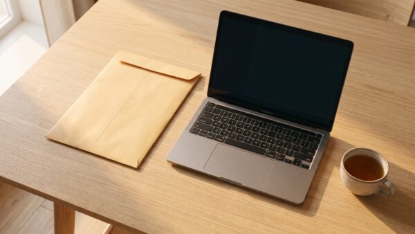 Briefumschlag und Laptop als Sinnbild für die Meldung an den Arbeitgeber
