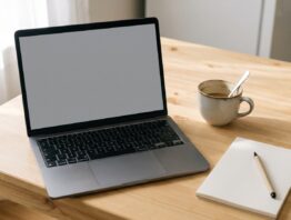 telekom login bild 1 Aufgeklappter Laptop mit leerem grauem Bildschirm neben Kaffeetasse und leerem Notizblock