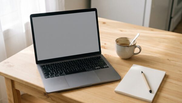 Aufgeklappter Laptop mit leerem grauem Bildschirm neben Kaffeetasse und leerem Notizblock