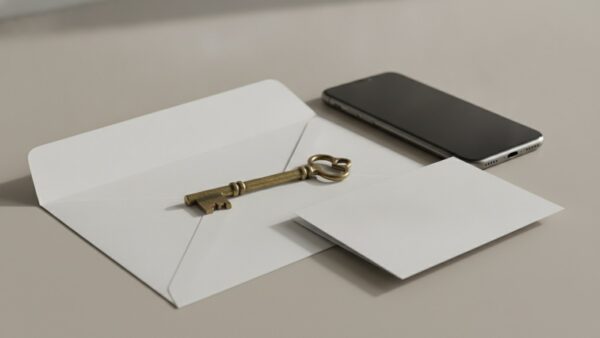 Messingschlüssel auf einem geöffneten leeren Briefumschlag neben einem ausgeschalteten Smartphone
