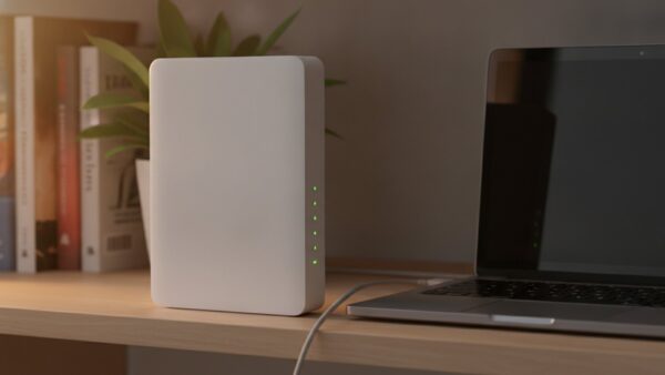 Weißer WLAN-Router ohne Aufdruck auf einem Holzregal, per Netzwerkkabel mit einem Laptop verbunden