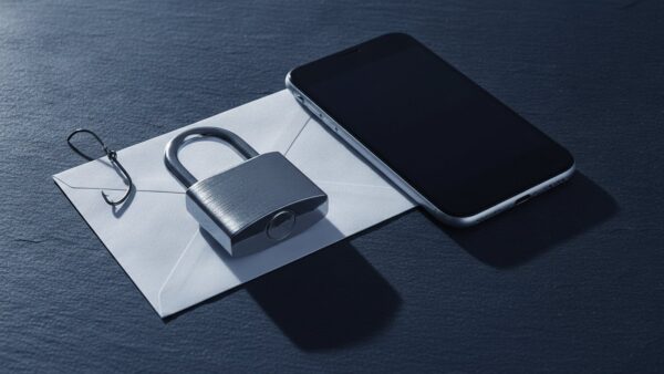 Vorhängeschloss, ausgeschaltetes Smartphone und Briefumschlag mit Angelhaken als Symbol für Phishing