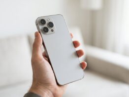 Hand hält ein Premium-Smartphone mit Dreifach-Kamera in einem hellen Wohnzimmer