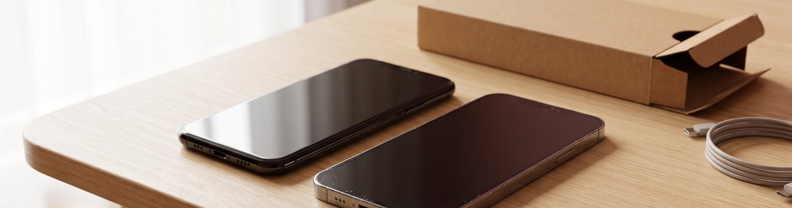 Neues und gebrauchtes Smartphone neben einem offenen Versandkarton auf einem Holztisch
