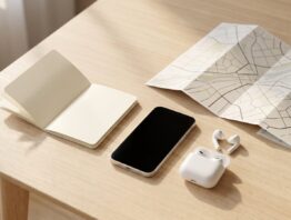 Aufgeklappter Reisepass, Smartphone, Ohrhörer und eine Landkarte auf einem Holztisch