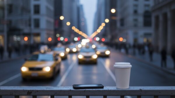 telekom t travel bild 2 Smartphone und Kaffeebecher auf einem Geländer, im Hintergrund unscharf eine Großstadtstraße mit Taxis