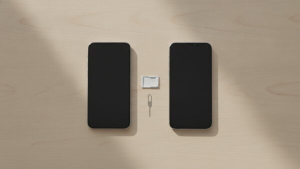 telekom t travel bild 3 Zwei Smartphones nebeneinander auf einem Tisch, dazwischen eine leere SIM-Karten-Halterung und ein SIM-Werkzeug