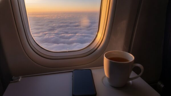 telekom t travel bild 4 Smartphone und Teebecher auf dem Klapptisch im Flugzeug, draußen Wolken im Sonnenaufgang