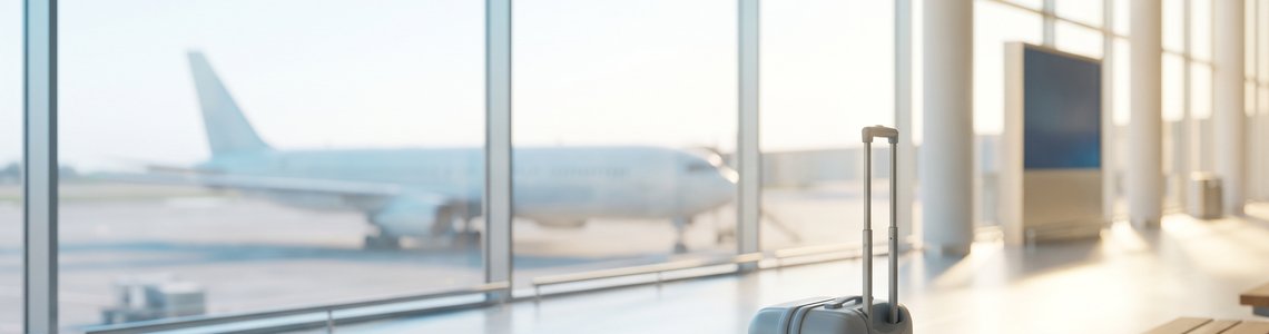Helle Flughafenhalle mit einem grauen Rollkoffer und einem Smartphone auf einer Holzbank, draußen ein Flugzeug