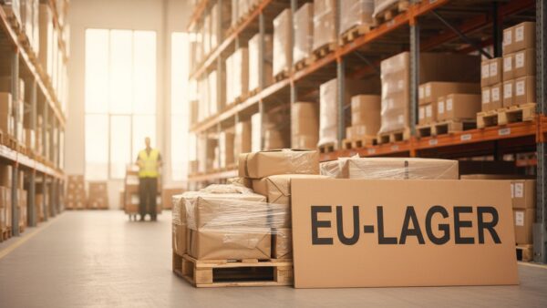 temu zoll eu lager Logistikhalle mit EU-Lager-Schild – Temu-Ware aus EU-Lagern ist bereits verzollt