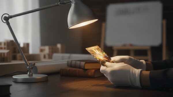 teuerste pokemon karten 2 sammler pruefung Sammler prueft eine seltene Sammelkarte mit weissen Handschuhen unter einer Lampe