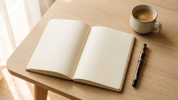 themen etf bild 3 Aufgeschlagenes leeres Notizbuch mit FĂĽller und Kaffee