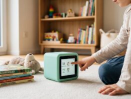 Kind bedient das Touchdisplay einer tigerbox mit tigertones im Kinderzimmer