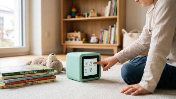 Kind bedient das Touchdisplay einer tigerbox mit tigertones im Kinderzimmer