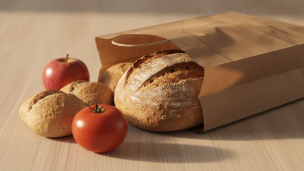 too good to go bild 2 Geöffnete Papiertuete mit Broetchen, Brot und Obst auf Holz