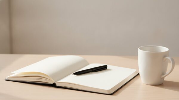 too good to go bild 3 Leeres Notizheft mit Stift und Tasse auf hellem Holztisch