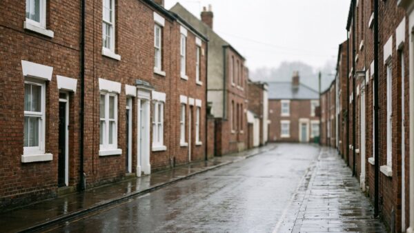 Englische Straßenzeile mit Backsteinhäusern und nassem Gehweg nach dem Regen