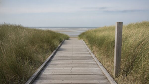 Hölzerner Bohlenweg durch Dünengras zum Wasser an der Nordsee