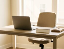 Kleines Einzelbüro mit einem Schreibtisch, Laptop und Geschäftspost für eine Ein-Personen-GmbH
