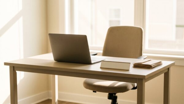 Kleines Einzelbüro mit einem Schreibtisch, Laptop und Geschäftspost für eine Ein-Personen-GmbH