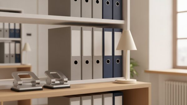 Büroregal mit unbeschrifteten Aktenordnern für Buchhaltung und Jahresabschluss einer GmbH