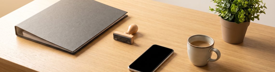 Schreibtisch in einem kleinen Büro mit Aktenordner, Firmenstempel, ausgeschaltetem Smartphone und Kaffeetasse