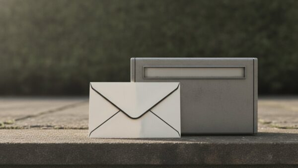 Trauerkarte rechtzeitig verschicken: Umschlag mit Trauerrand vor einem Briefkasten