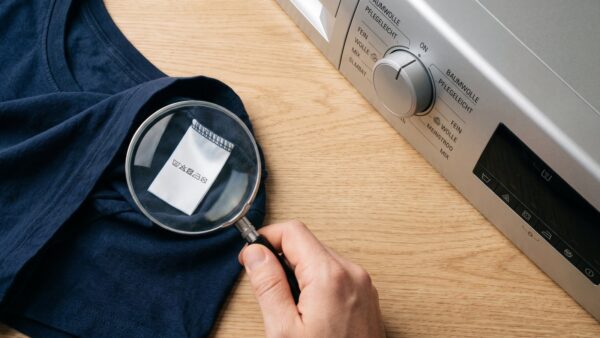 Trockner Symbole Übersicht: Pflegeetikett am Shirt und Bedienblende am Wäschetrockner im Vergleich