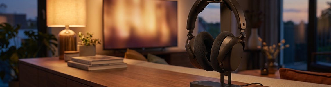Sennheiser RS 275 TV-Kopfhörer auf der Ladestation im Wohnzimmer