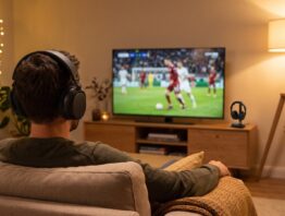 Mann schaut mit kabellosen TV-Kopfhörern Sennheiser RS 275 Fußball auf dem Sofa