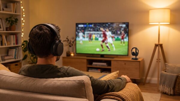 tv kopfhoerer kabellos wohnzimmer sennheiser rs 275 Mann schaut mit dem kabellosen TV-Kopfhörer Sennheiser RS 275 auf dem Sofa Fußball