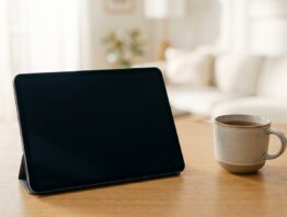 Tablet mit dunklem Bildschirm und Teetasse auf einem Holztisch
