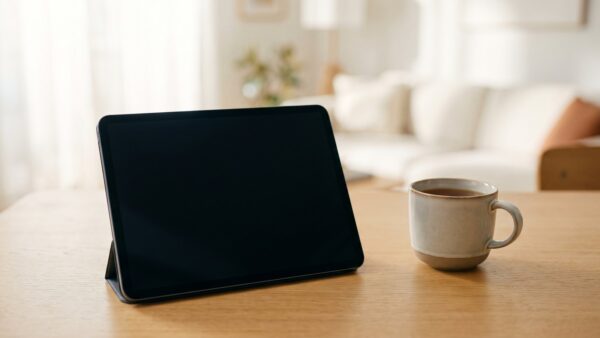 Tablet mit dunklem Bildschirm und Teetasse auf einem Holztisch